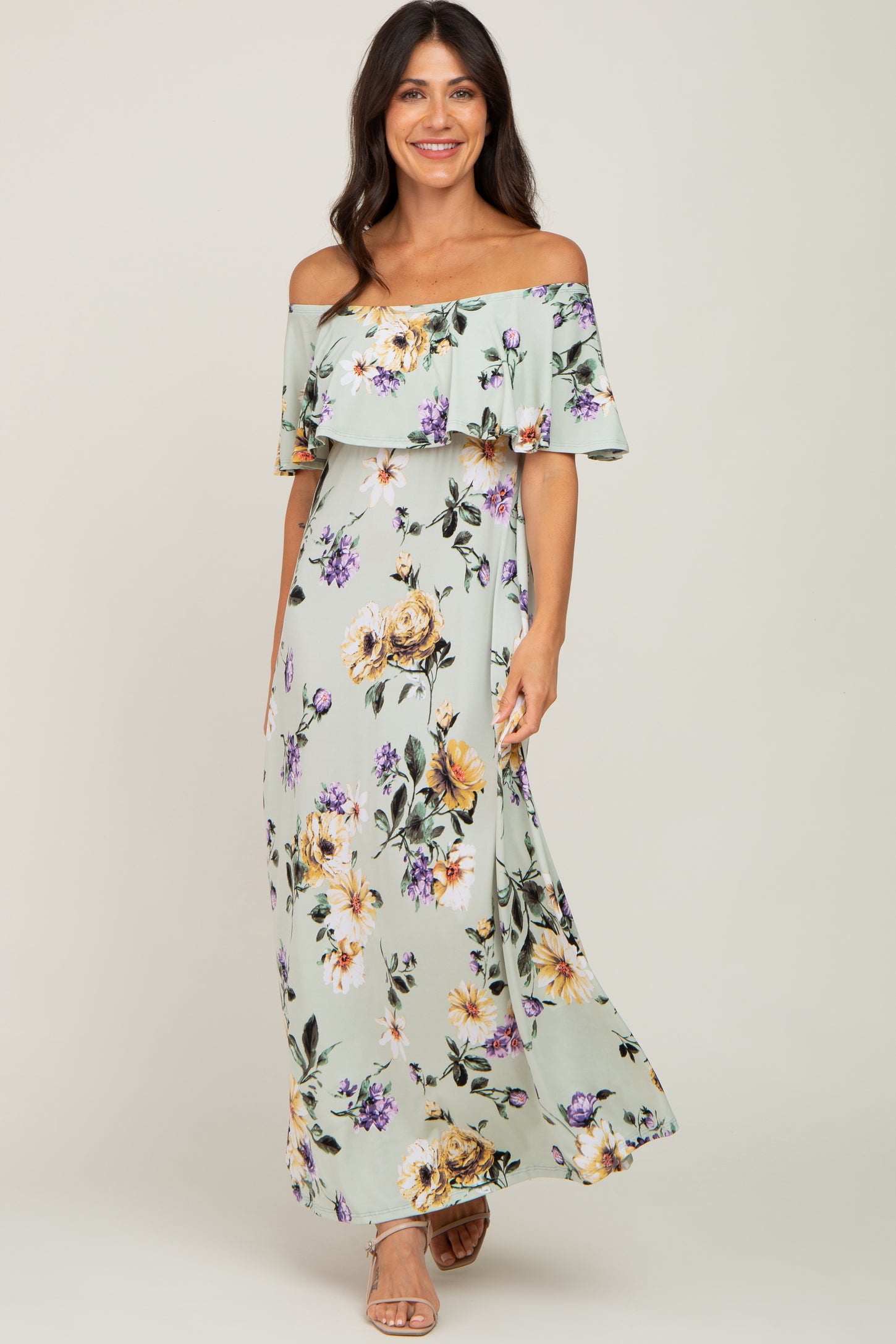 Sage Floral Off Shoulder Maternity Maxi Dress