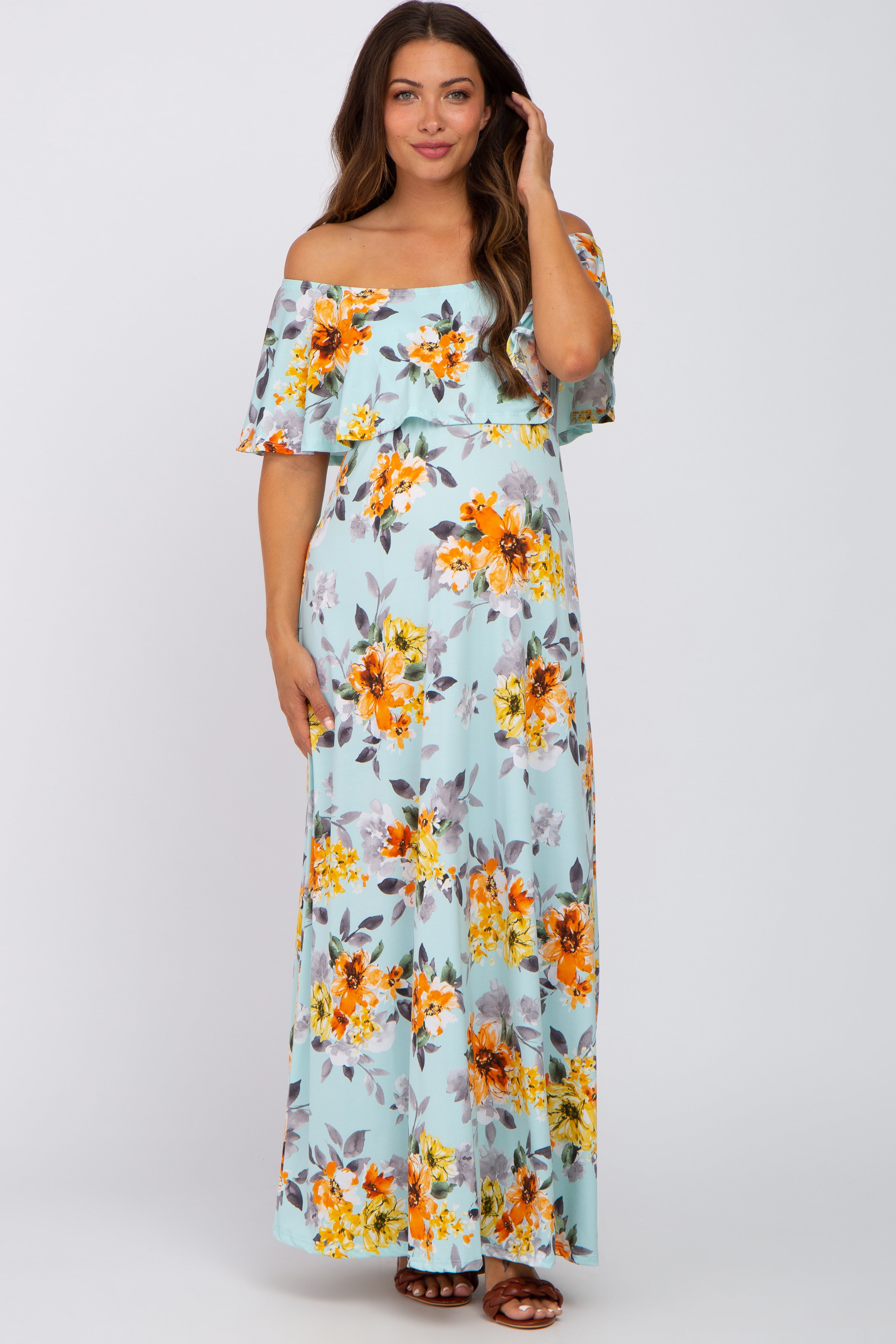 Light Blue Floral Off Shoulder Maternity Maxi Dress – PinkBlush