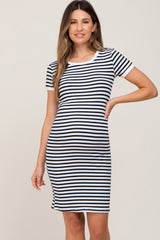 White Black Striped Fitted Maternity Dress