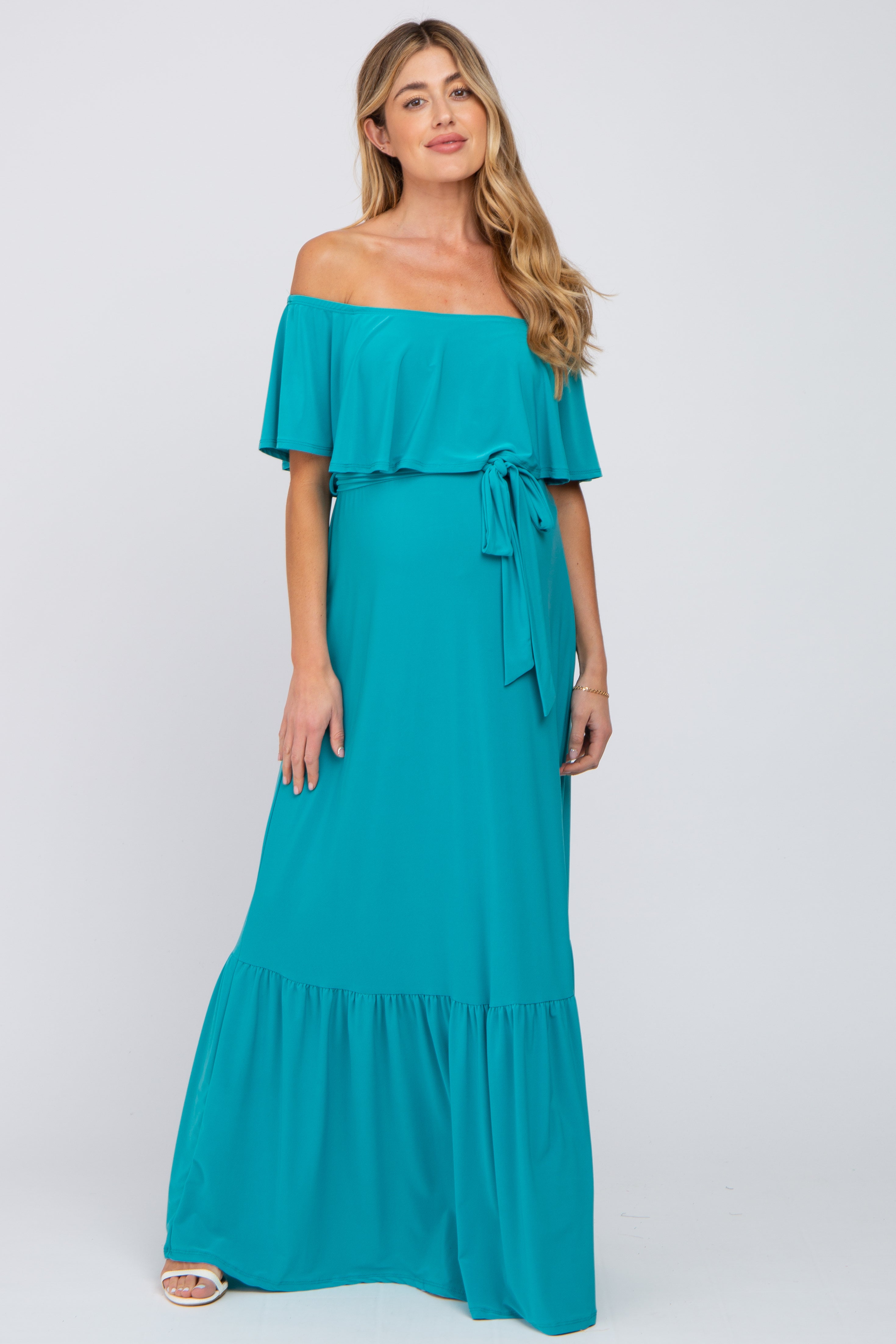 Turquoise Off Shoulder Maternity Maxi Dress – PinkBlush