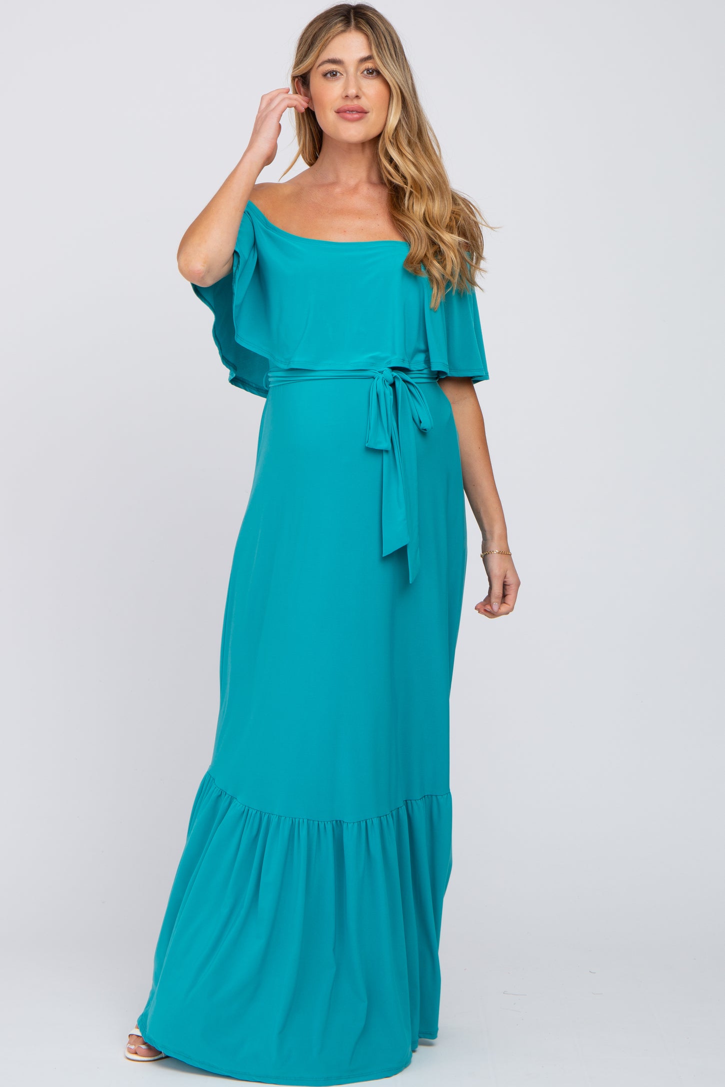turquoise chiffon off the shoulder dress JENA TANG | Opal Off-Shoulder Chiffon Dress