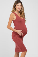 Rust Fitted V-Neckline Maternity Midi Dress