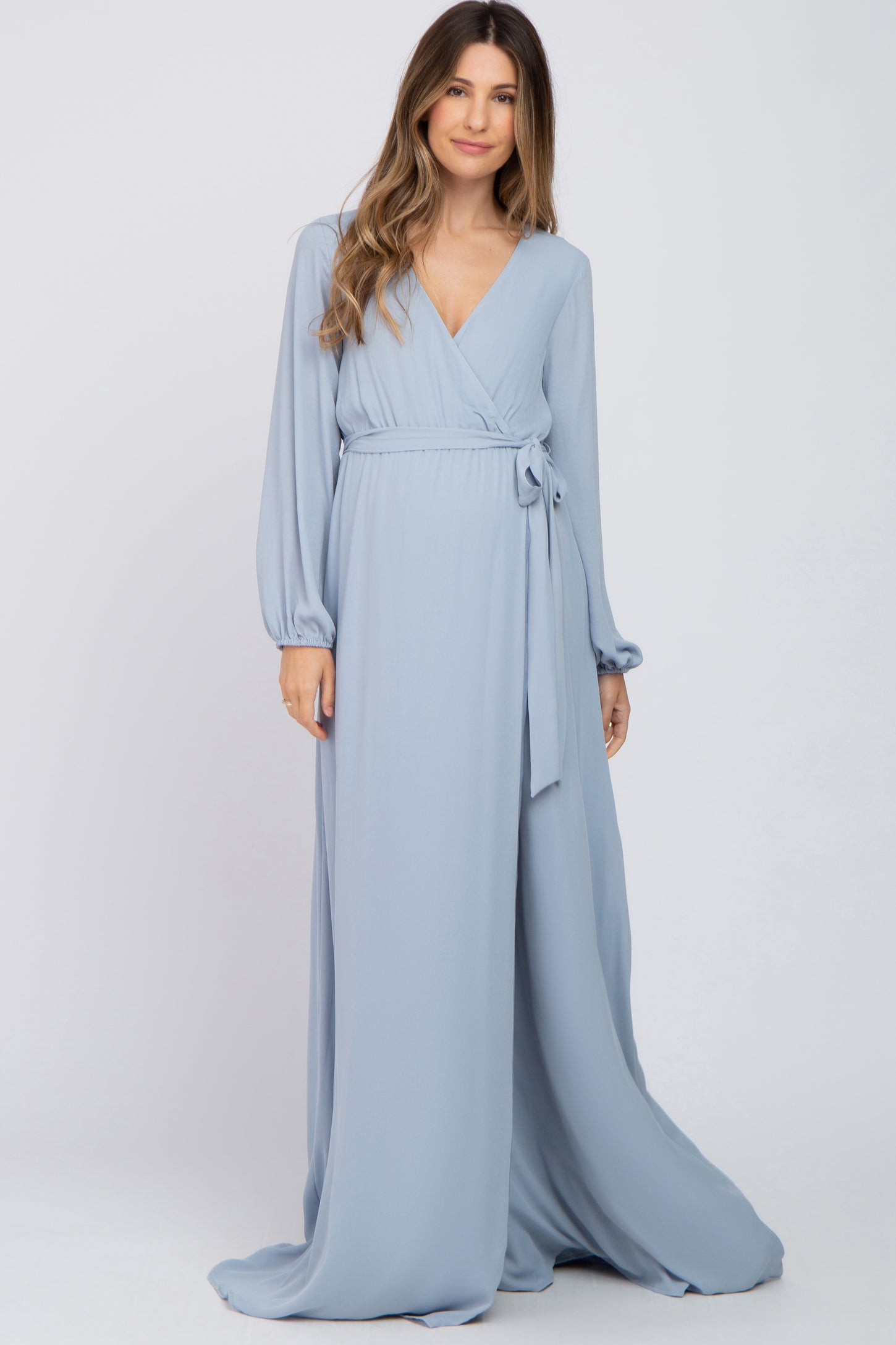 Light Blue Wrap Front Chiffon Maternity Gown– PinkBlush