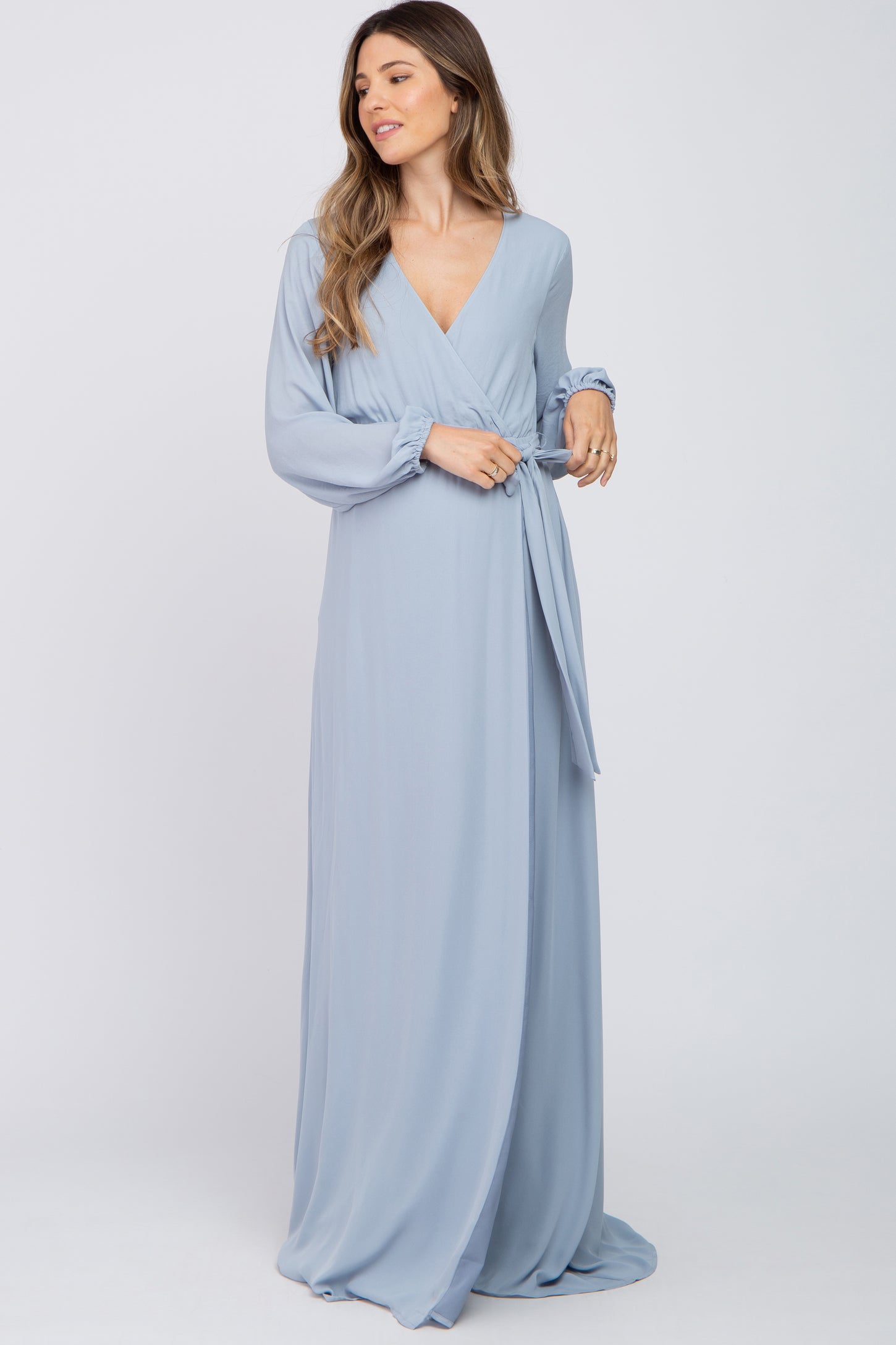 Light Blue Wrap Front Chiffon Maternity Gown– PinkBlush