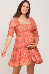 Orange Floral Square Neck Ruffle Tiered Maternity Dress