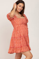 Orange Floral Square Neck Ruffle Tiered Maternity Dress