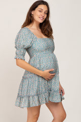 Teal Floral Square Neck Ruffle Tiered Maternity Dress