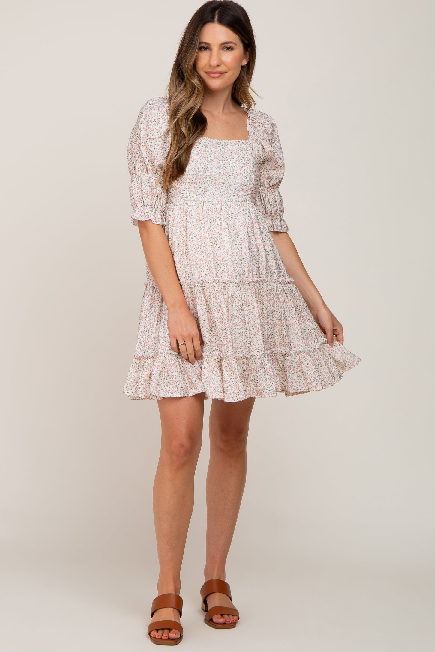 Ivory Floral Square Neck Ruffle Tiered Maternity Dress