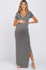 Olive Cross Front Ruched Maternity Maxi Dress