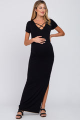 Black Cross Front Ruched Maternity Maxi Dress