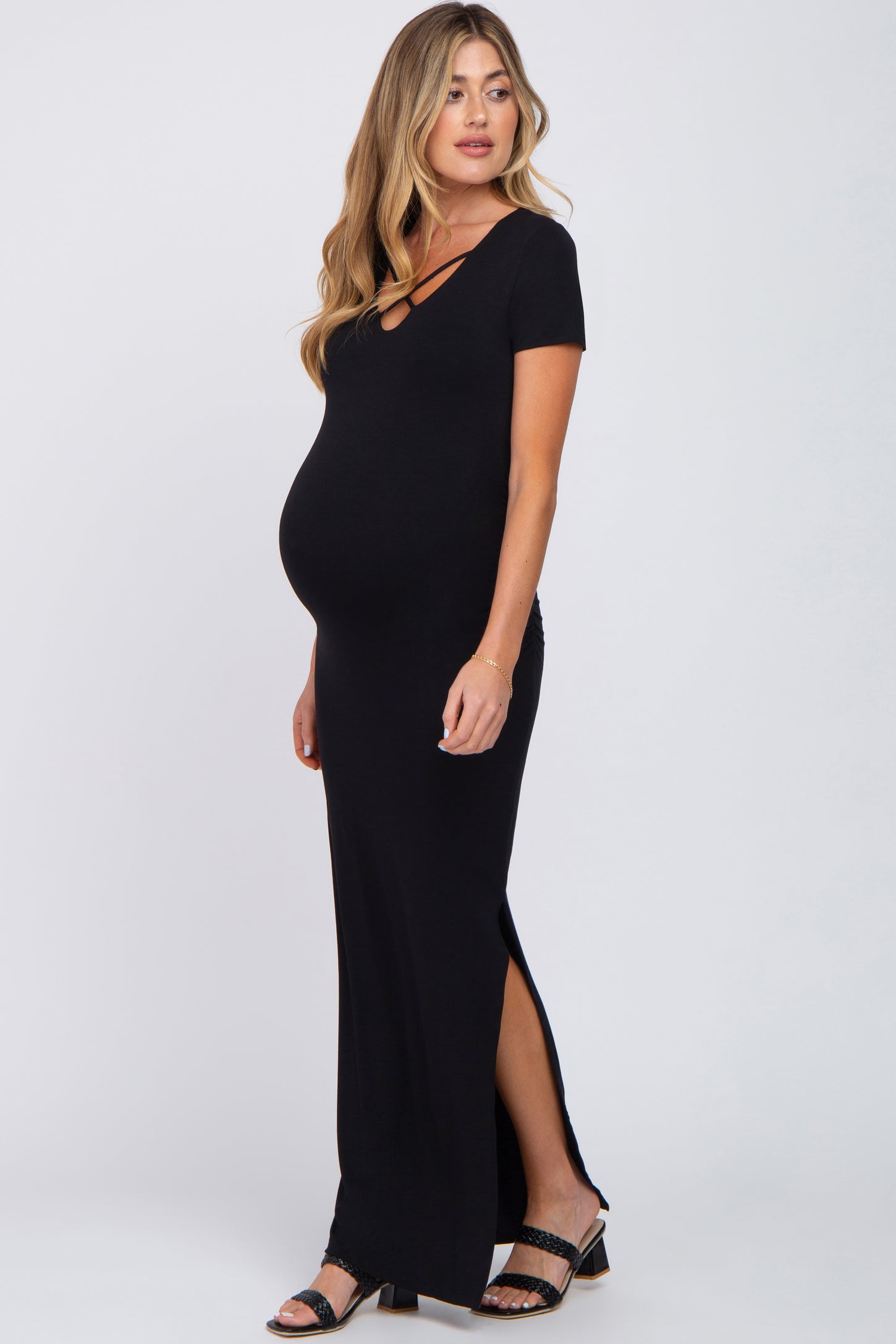 Black Cross Front Ruched Maternity Maxi Dress