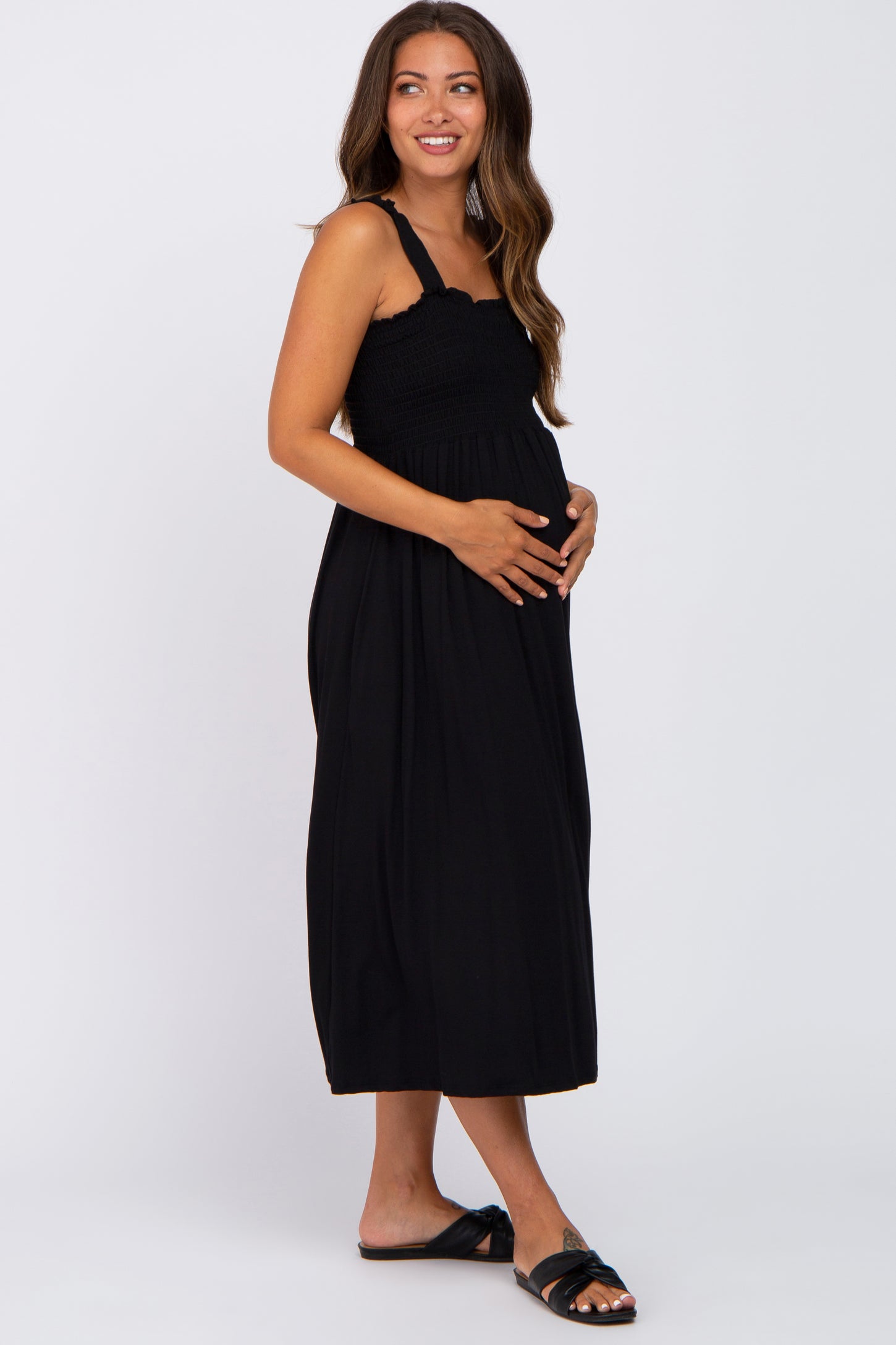 Black Smocked Ruffle Strap Maternity Midi Dress– PinkBlush