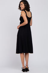 Black Smocked Ruffle Strap Midi Dress