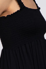 Black Smocked Ruffle Strap Midi Dress