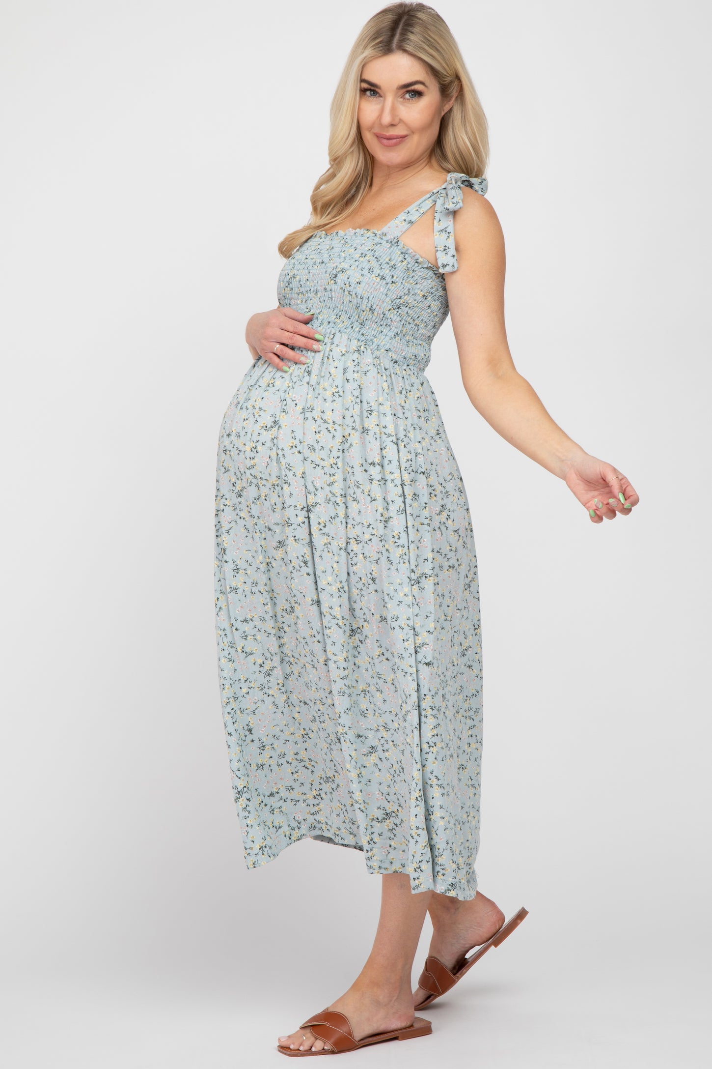 Light Blue Floral Smocked Tie Strap Maternity Midi Dress