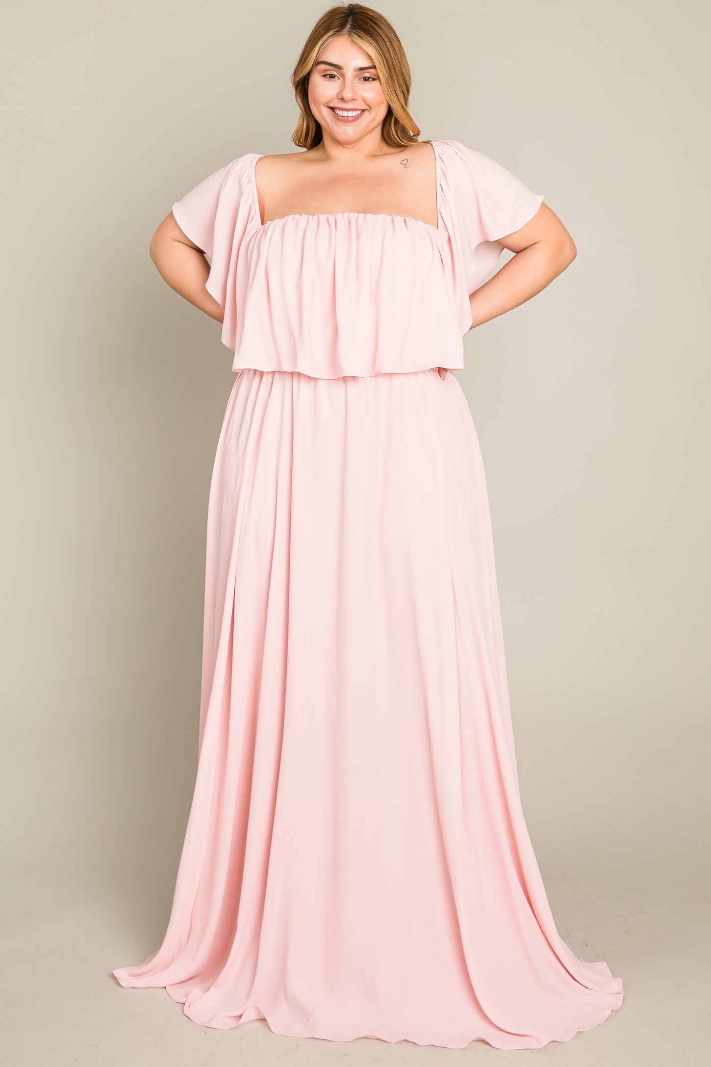 Light Pink Chiffon Off Shoulder Plus Gown