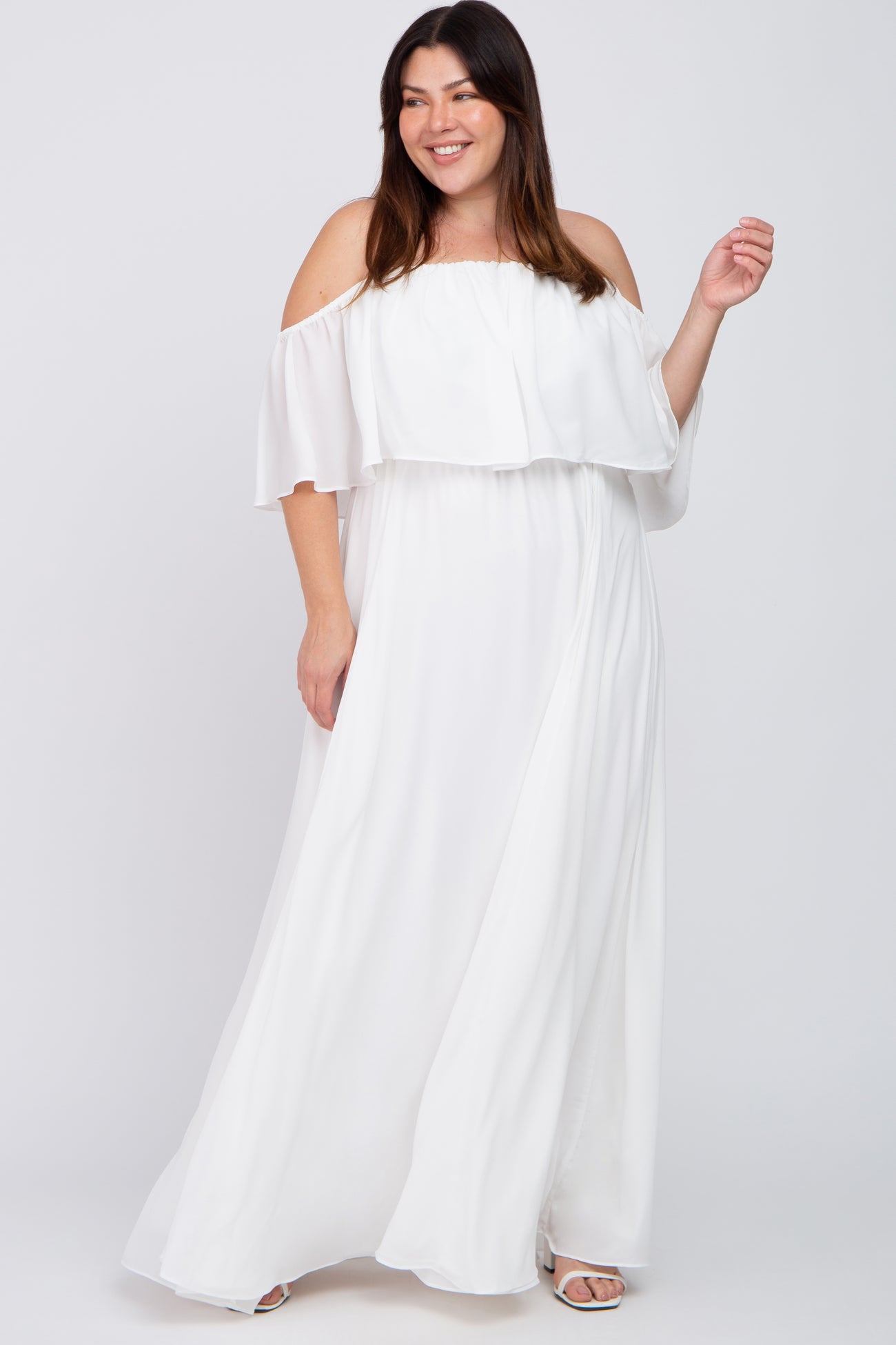 White Chiffon Off Shoulder Plus Gown 2X
