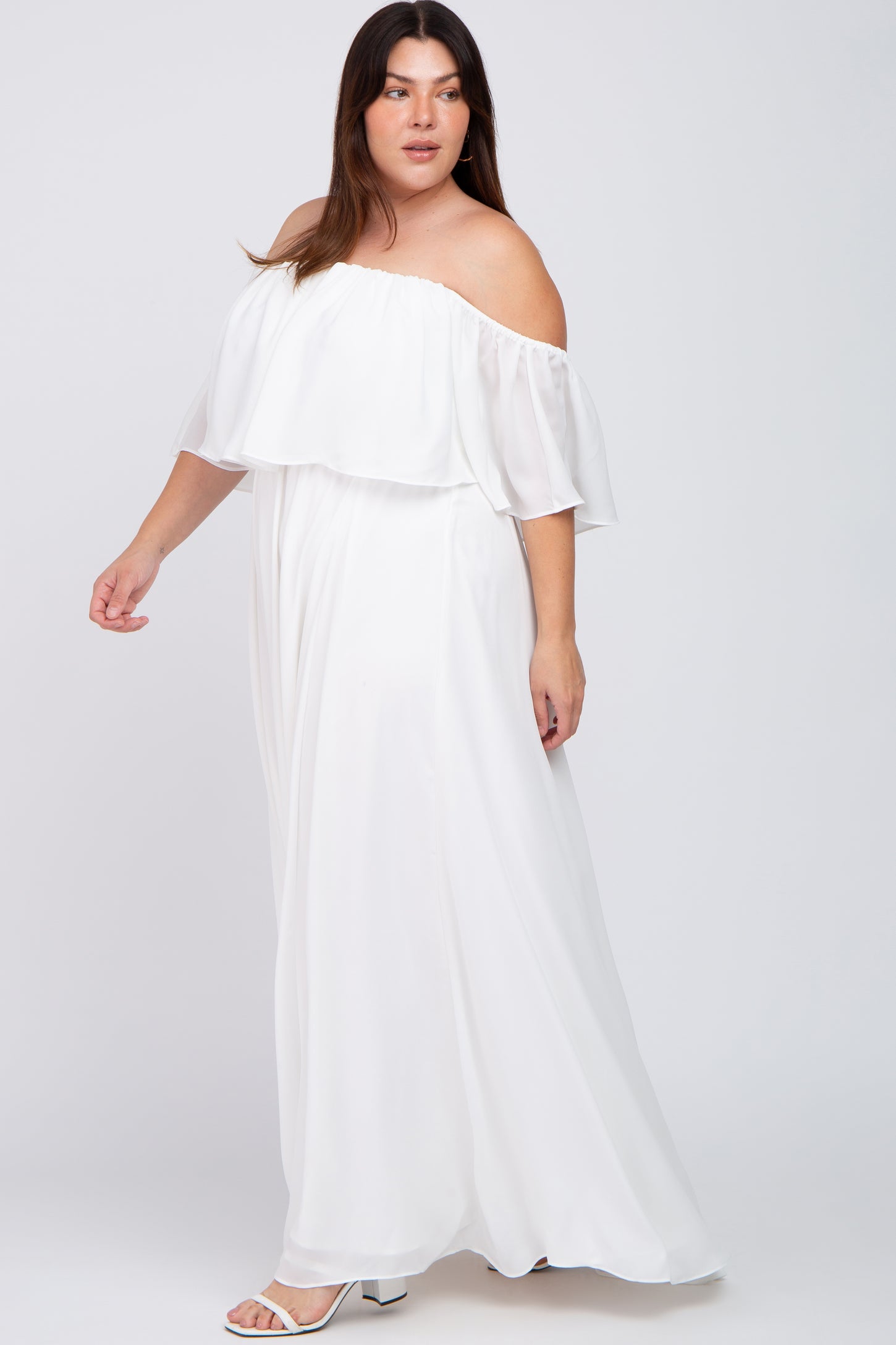 White Chiffon Off Shoulder Maternity Plus Gown 3X White Chiffon Off Shoulder Maternity Plus Gown 3X