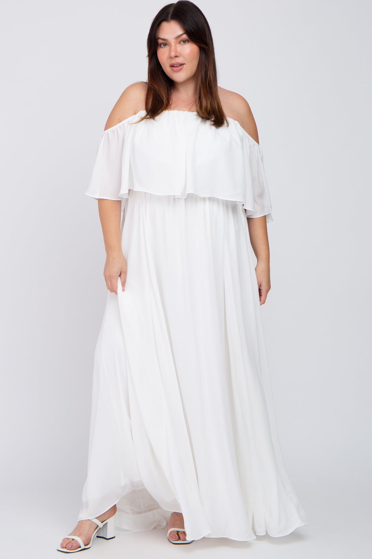 White Chiffon Off Shoulder Plus Gown 2X