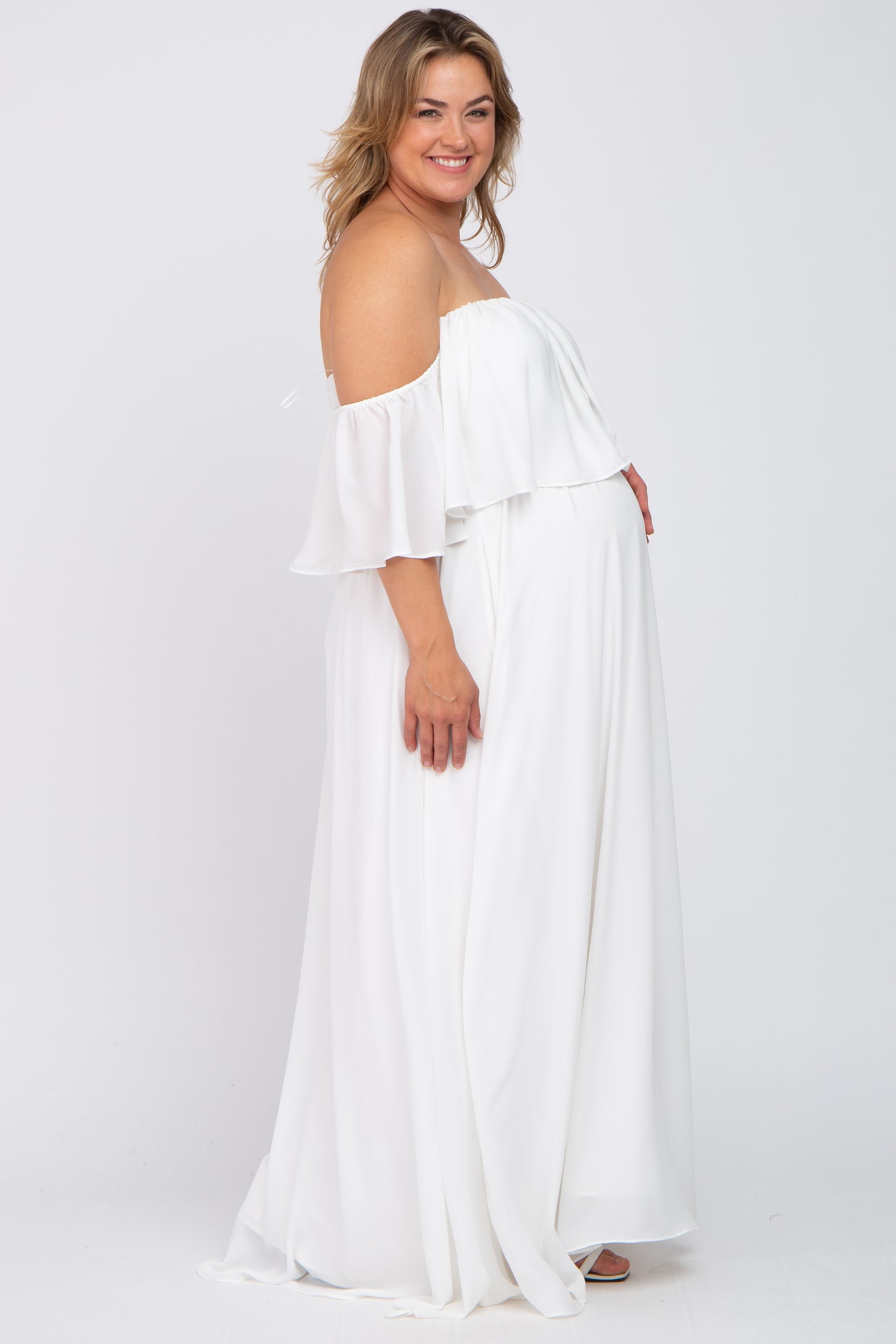 White Chiffon Off Shoulder Maternity Plus Gown– PinkBlush