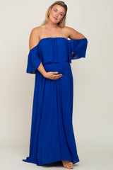 Royal Blue  Chiffon Off Shoulder Maternity Plus Gown