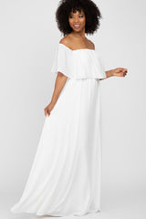 Ivory Chiffon Off Shoulder Gown