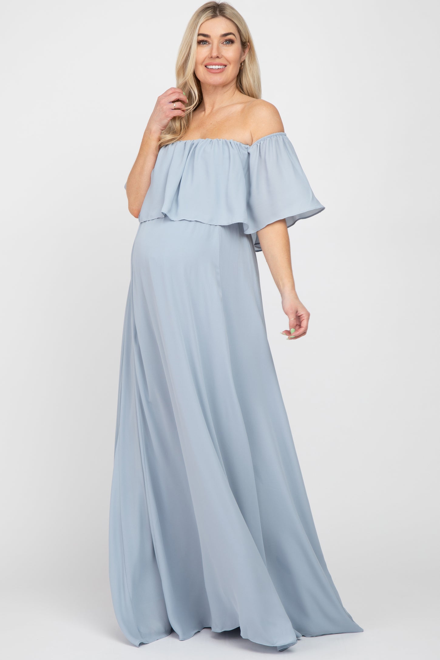 Light Blue Chiffon Off Shoulder Maternity Gown– PinkBlush