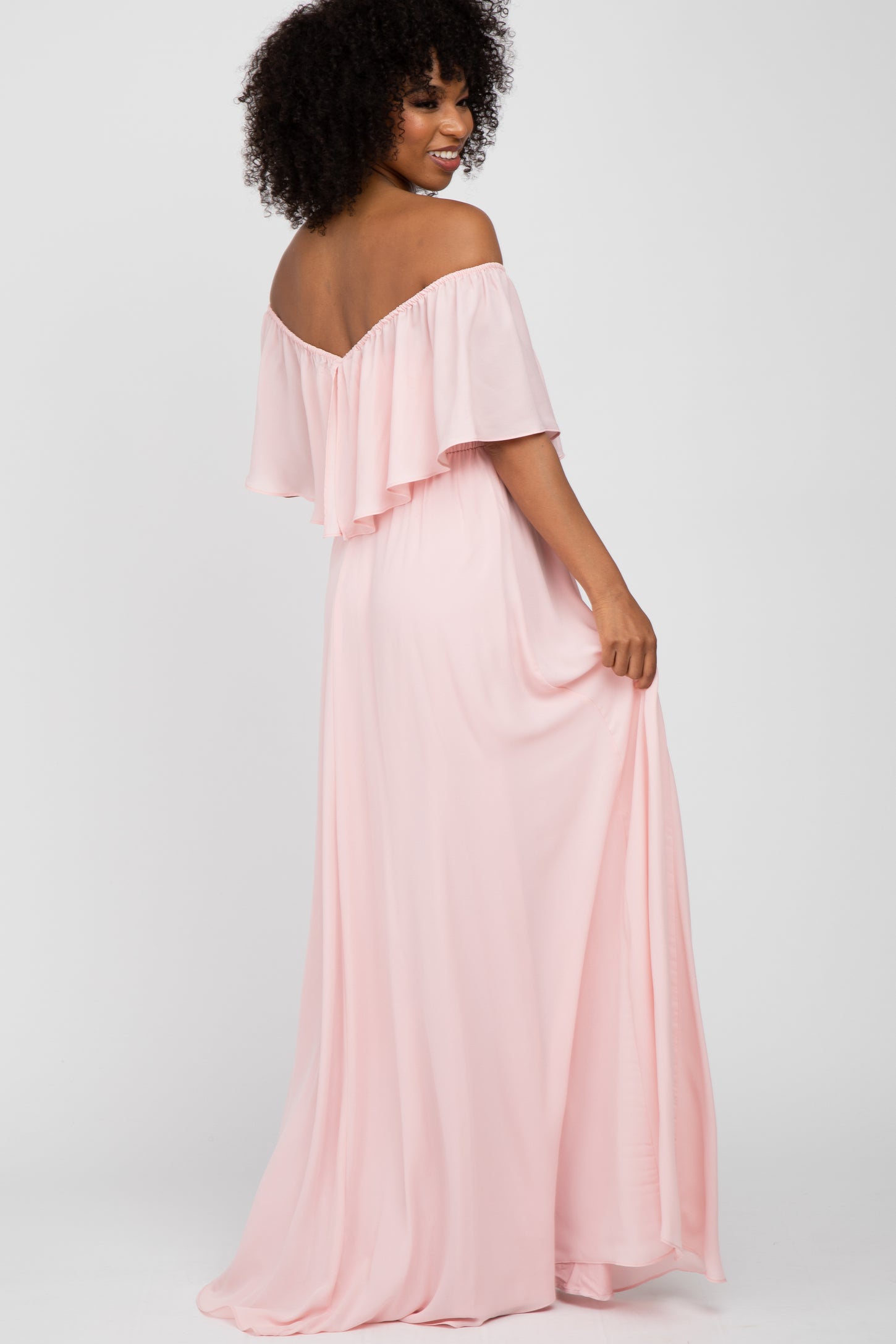 Light Pink Chiffon Off Shoulder Gown Small