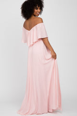 Light Pink Chiffon Off Shoulder Gown