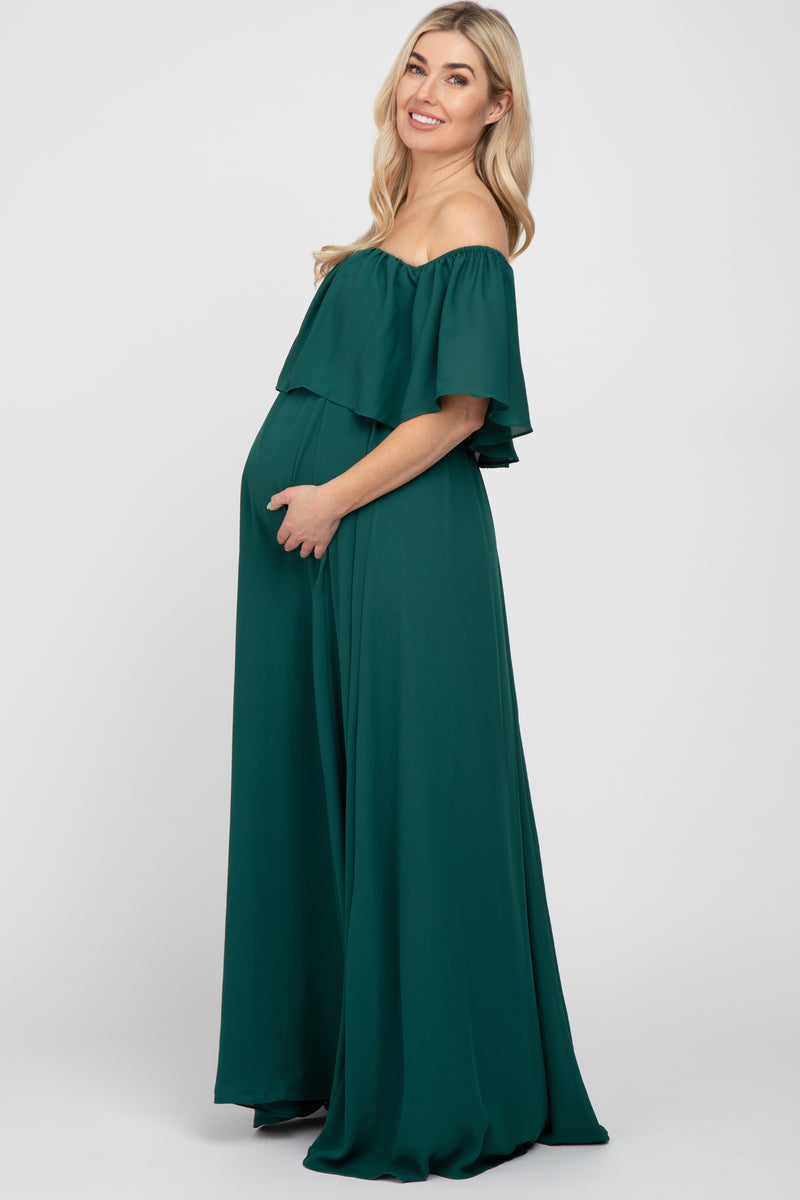 Forest Green Chiffon Off Shoulder Maternity Gown – PinkBlush