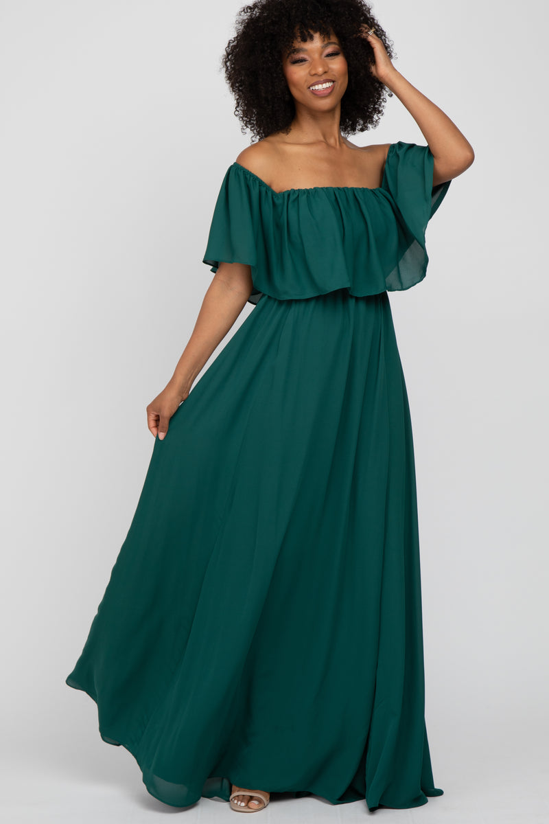 Forest Green Chiffon Off Shoulder Gown – PinkBlush