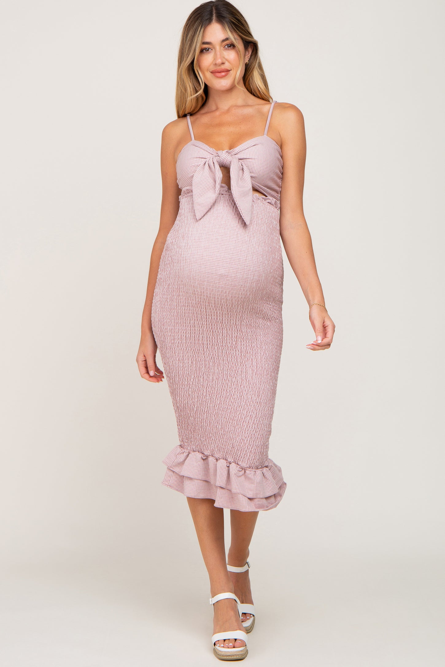 Mauve Gingham Print Smocked Fitted Self-Tie Maternity Midi Dress