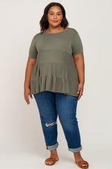 Olive Tiered Maternity Plus Short Sleeve Top