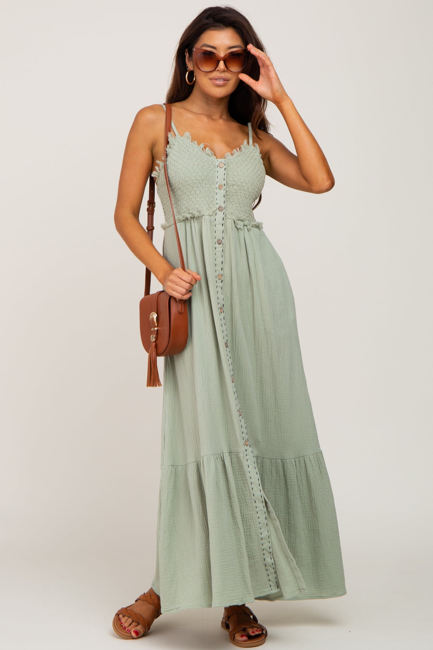 Light Olive Smoked Button Front Maxi Dress