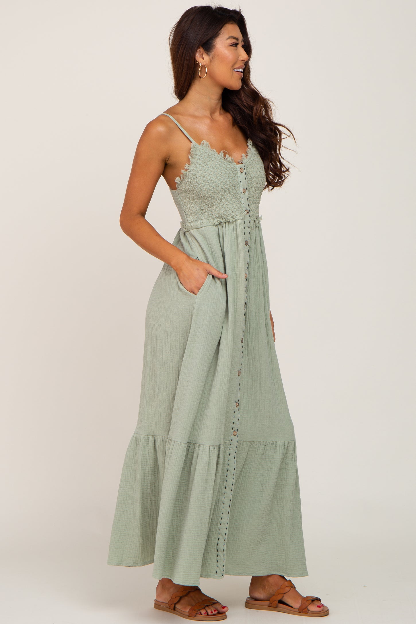 Light Olive Smoked Button Front Maxi Dress