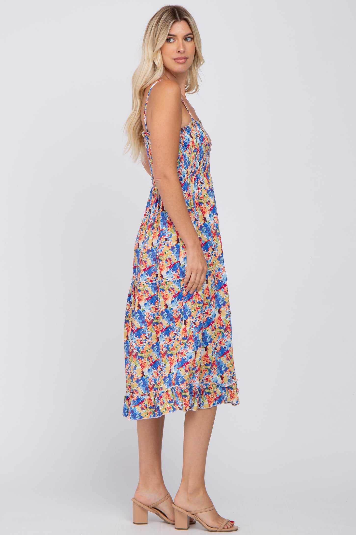 Blue Floral Smocked Ruffle Tiered Midi Dress