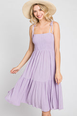 Lavender Smocked Shoulder Tie Dress
