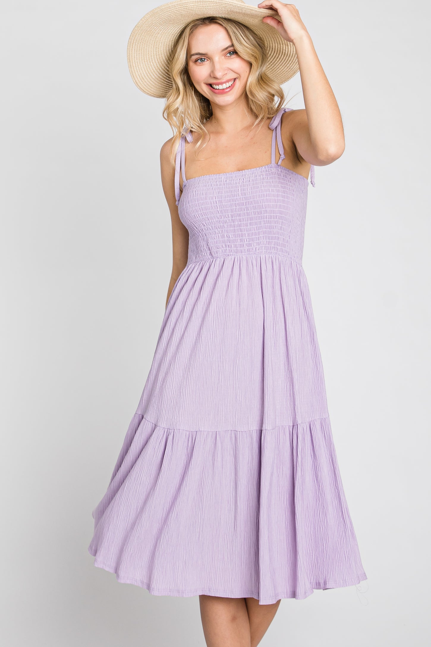 Lavender Smocked Shoulder Tie Maternity Dress