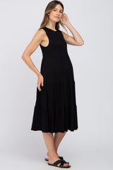 Black Tiered Sleeveless Maternity Midi Dress
