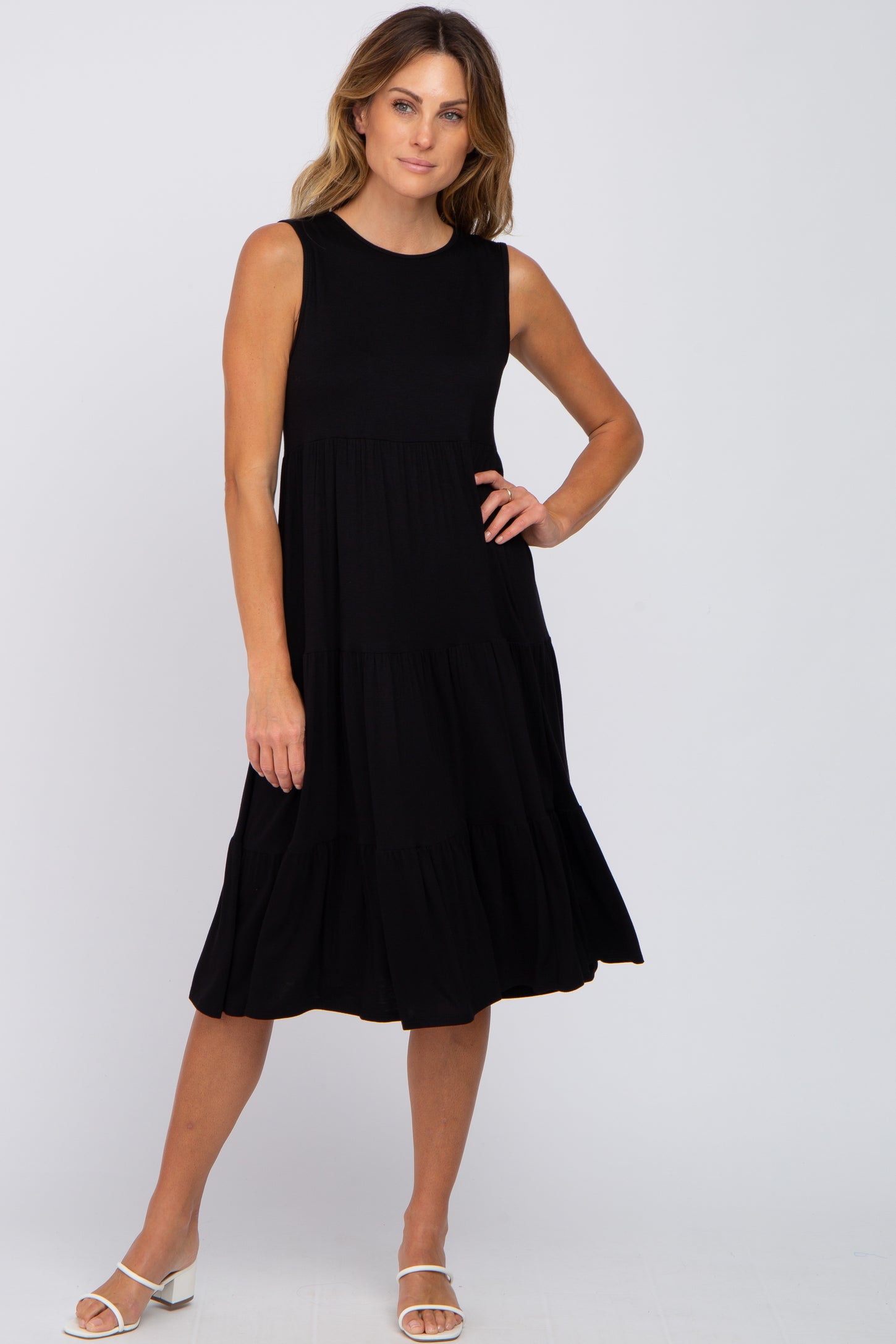 Black Tiered Sleeveless Maternity Midi Dress