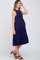 Navy Blue Tiered Sleeveless Maternity Midi Dress
