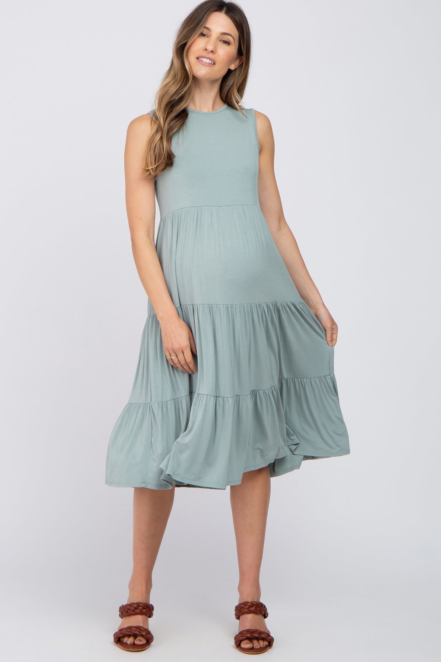 Light Olive Tiered Sleeveless Maternity Midi Dress