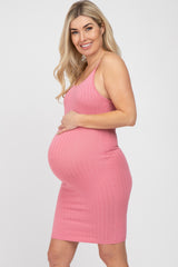 Pink Ribbed Knit Fitted Maternity Dress