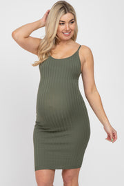 Olive Ribbed Knit Fitted Maternity Dress