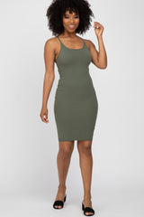 Olive Ribbed Knit Fitted Maternity Dress