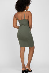 Olive Ribbed Knit Fitted Dress