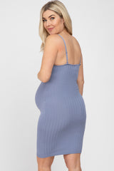 Blue Ribbed Knit Fitted Maternity Dress
