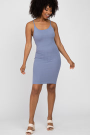 Blue Ribbed Knit Fitted Dress