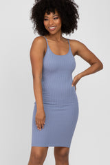 Blue Ribbed Knit Fitted Dress