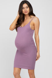 Lavender Ribbed Knit Fitted Maternity Dress